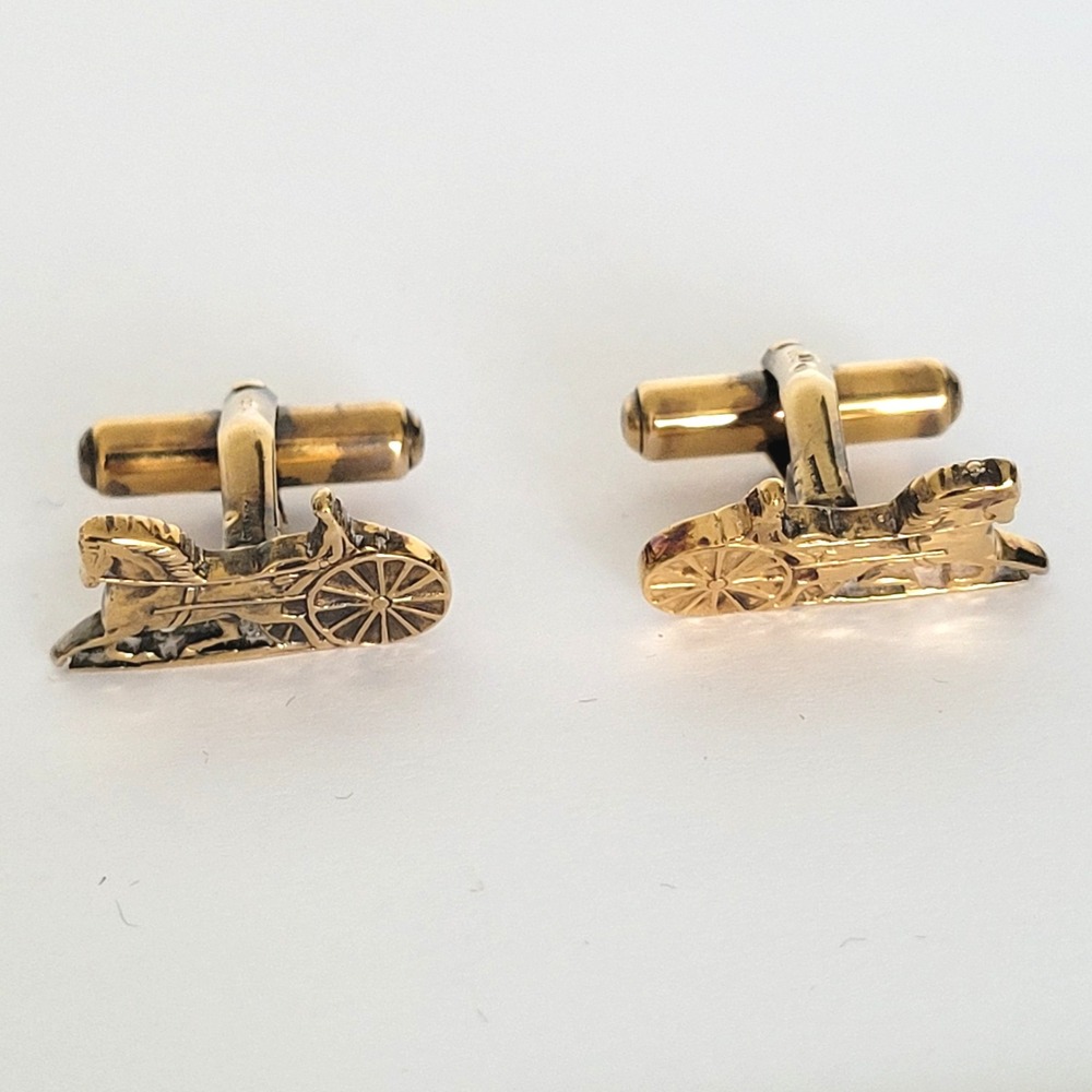 Celine Paris Vintage Horse Carriage Cufflinks Gold Tone Sterling Silver Argent